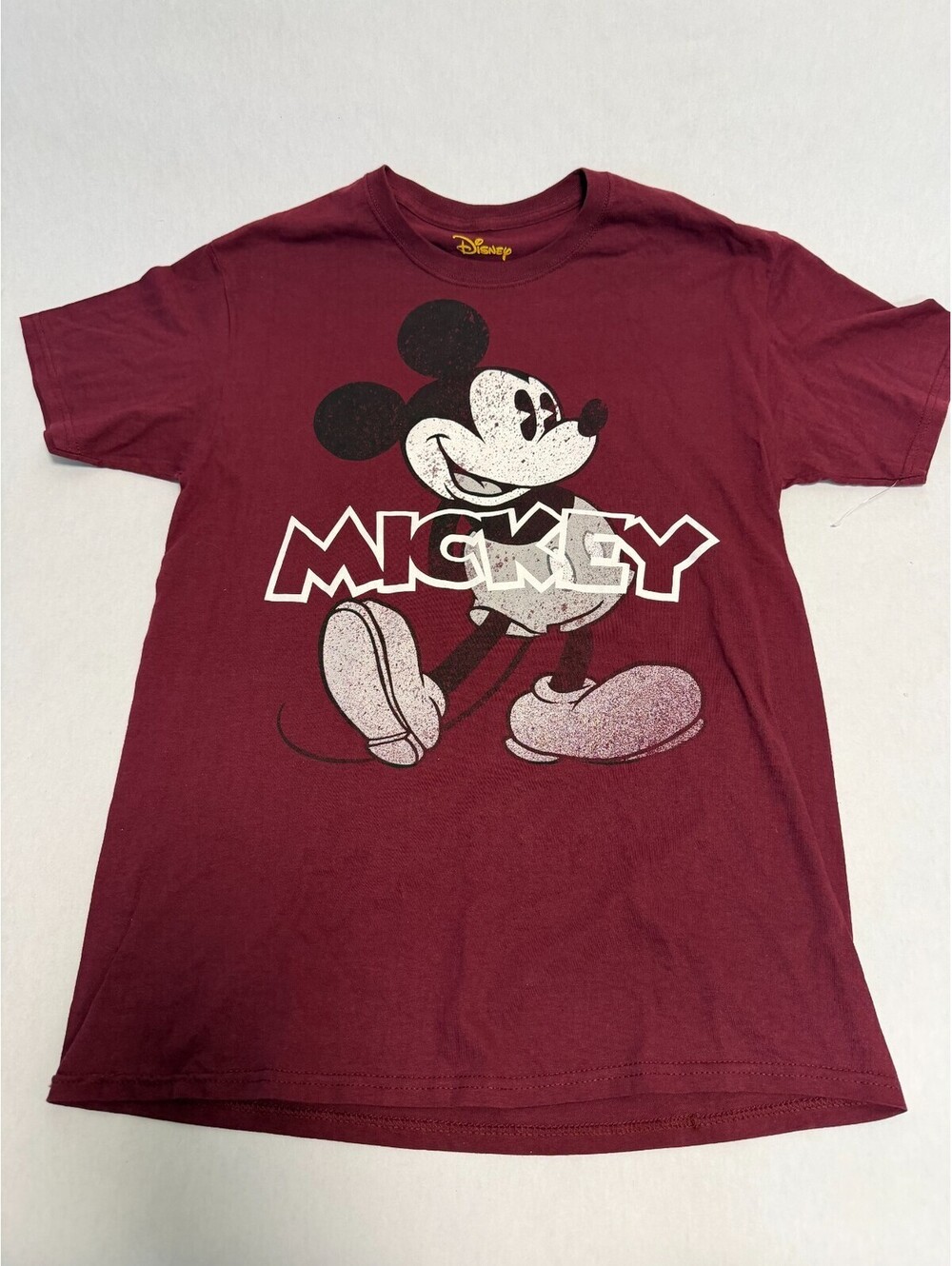 Disney Mickey Mouse Distressed Graphic T-Shirt Burgundy Mens Medium